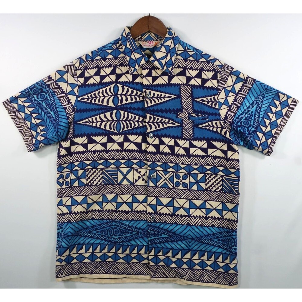 Vintage Sears Men's Hawaiian Shirt Barkcloth 1960's Blue & White Tribal Aloha M